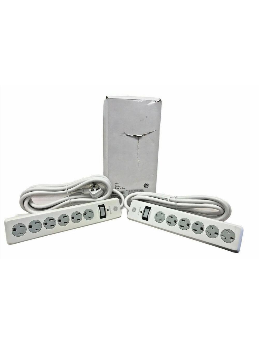 GE 6 Outlet Surge Protector 2 Pack 10 Ft Extension Cord White Open Box Excellent